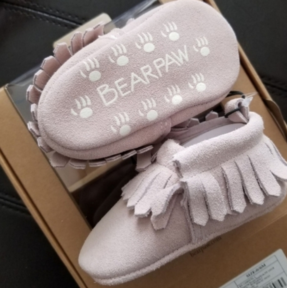 ❗BEARPAW Baby Jack Light Pink Suede Fleece Lined Moccasin Booties Size 0-6M❗